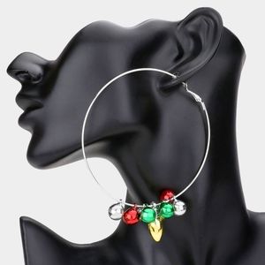 Red Green Christmas Ornament Ball Charm Silver Hoop Earrings Fun Holiday Jewelry